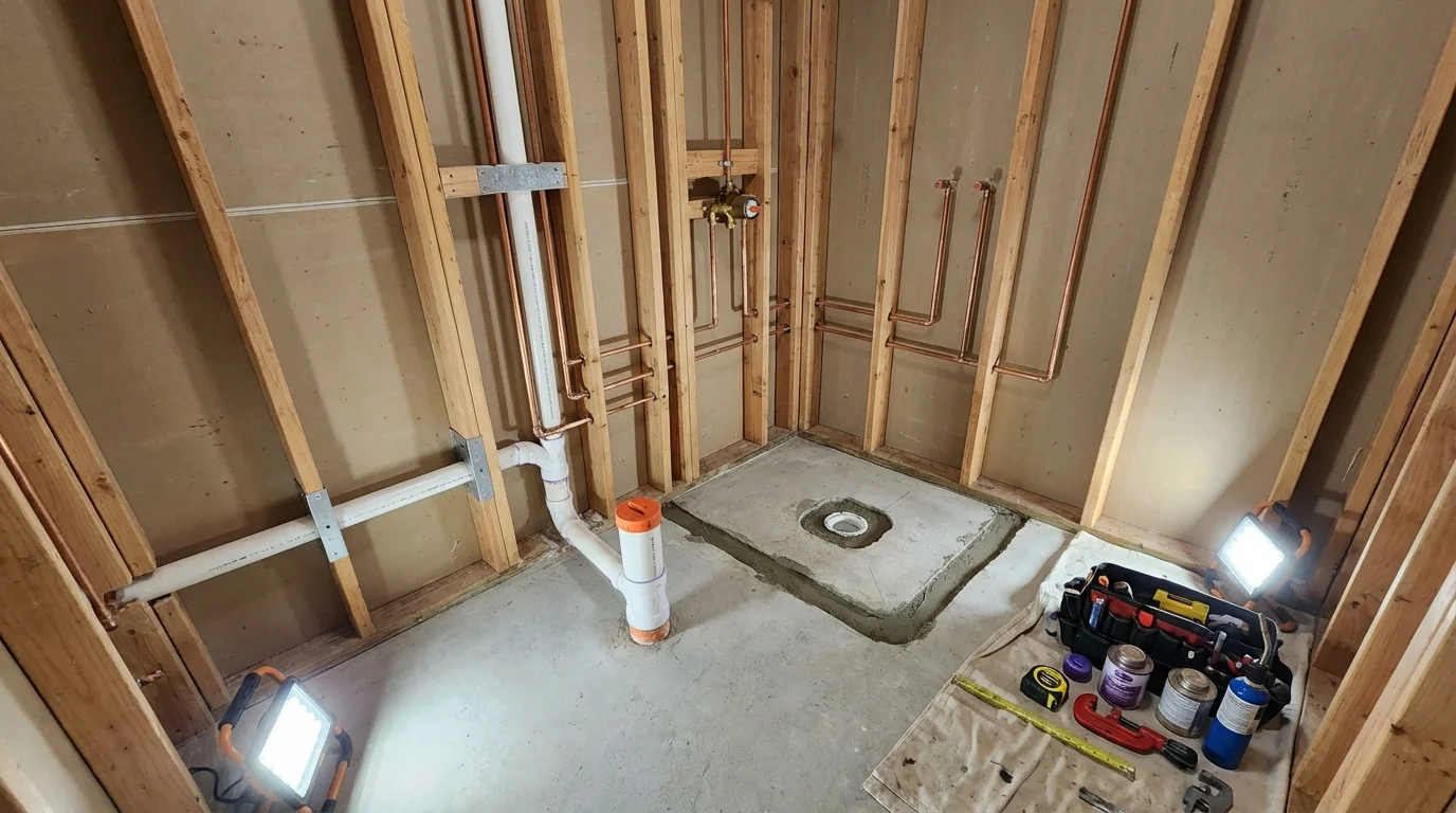 Bathroom rough-in plumbing during remodel by Johns Plumbing LLC in York Harbor