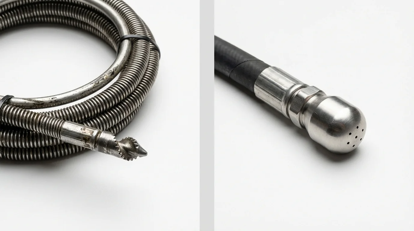 Drain snake cable and hydro jetting nozzle used for drain cleaning in York Harbor, ME