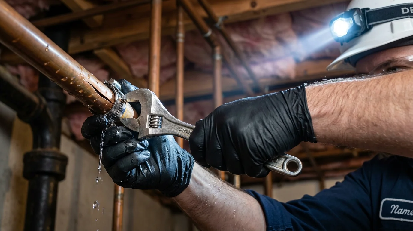 Emergency pipe clamp repair being performed by a Johns Plumbing LLC plumber in York Harbor