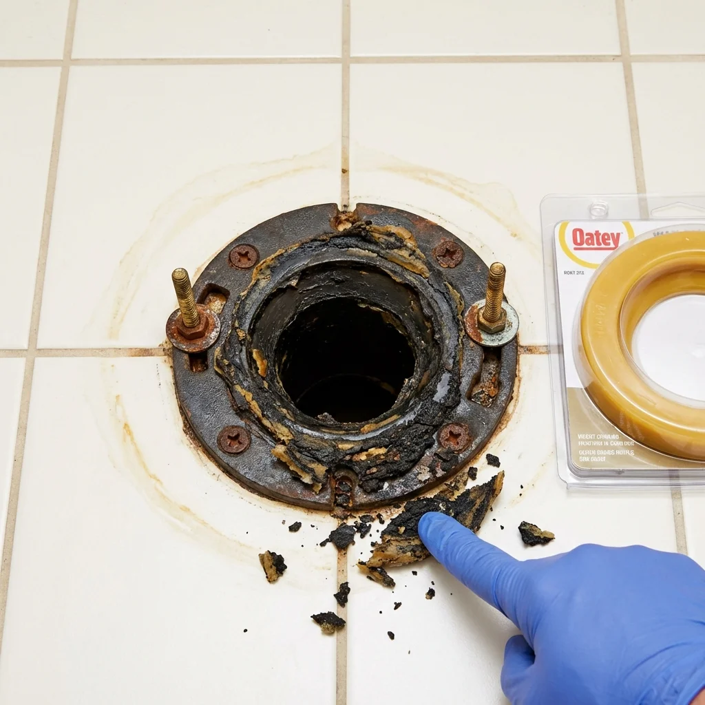 Failed wax ring showing water seepage at the base of a toilet in a York Harbor, ME home