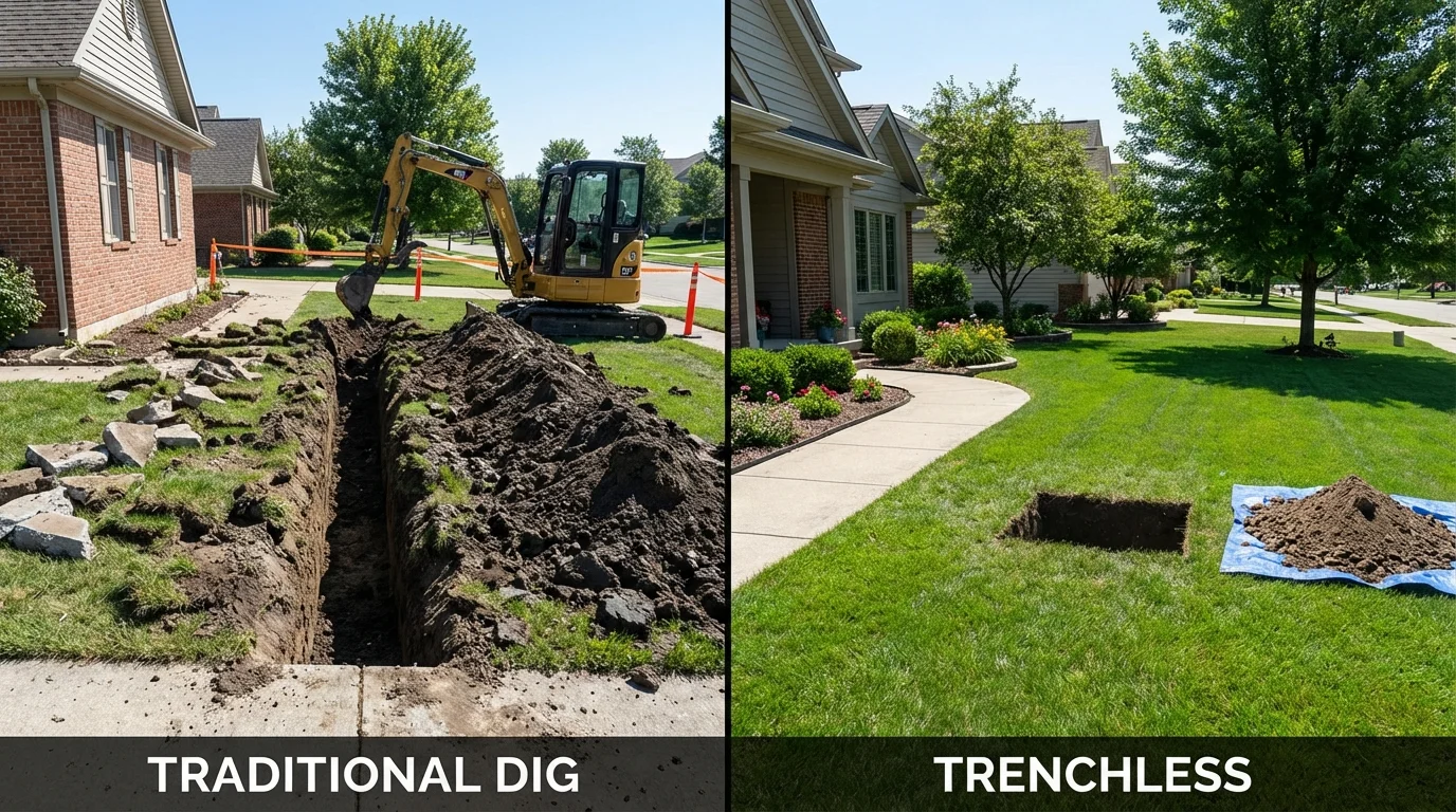 Trenchless sewer repair with minimal yard damage versus traditional excavation in York Harbor, ME
