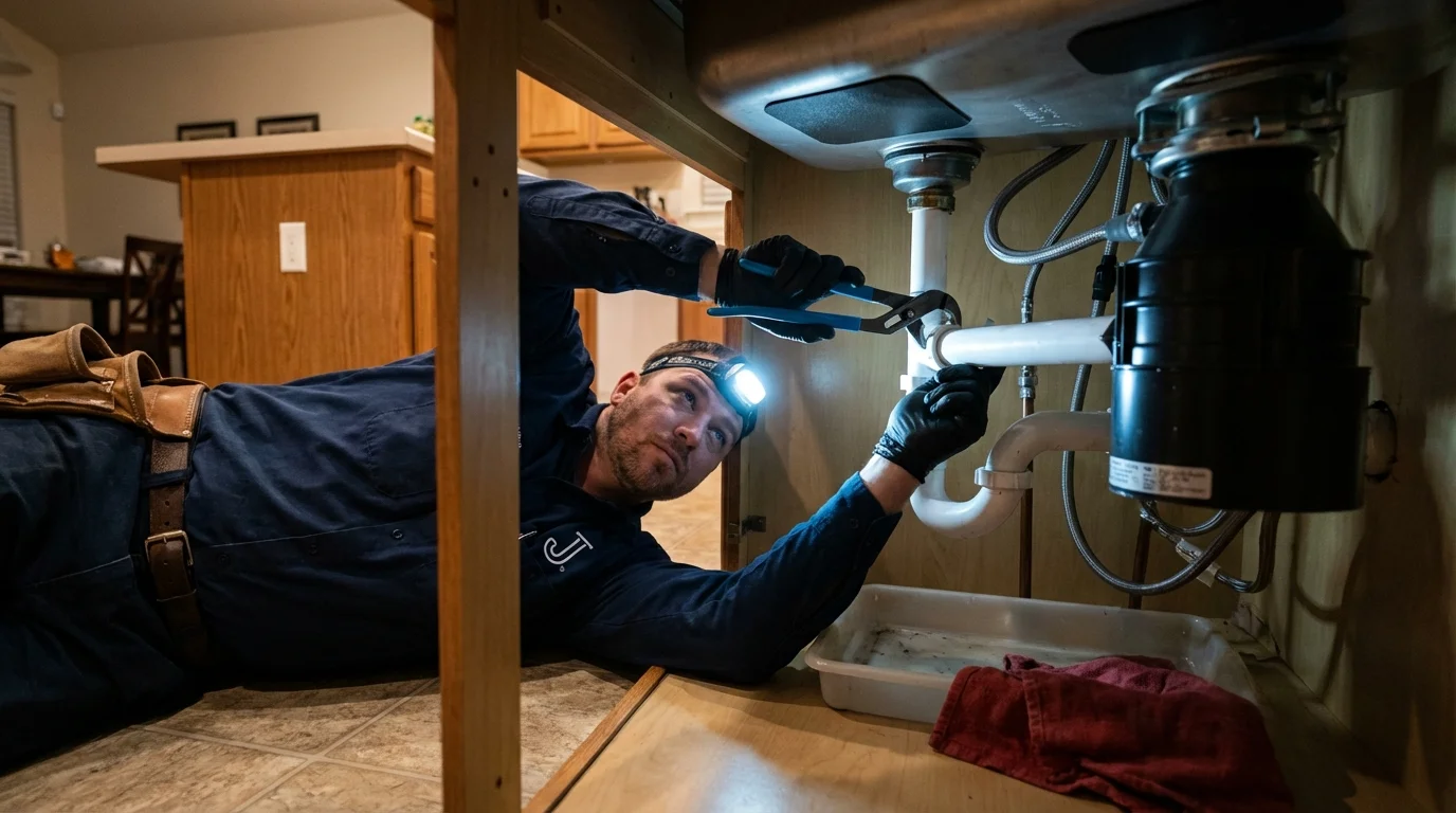P-trap and supply line connections under a kitchen sink showing a common leak point in York Harbor, ME